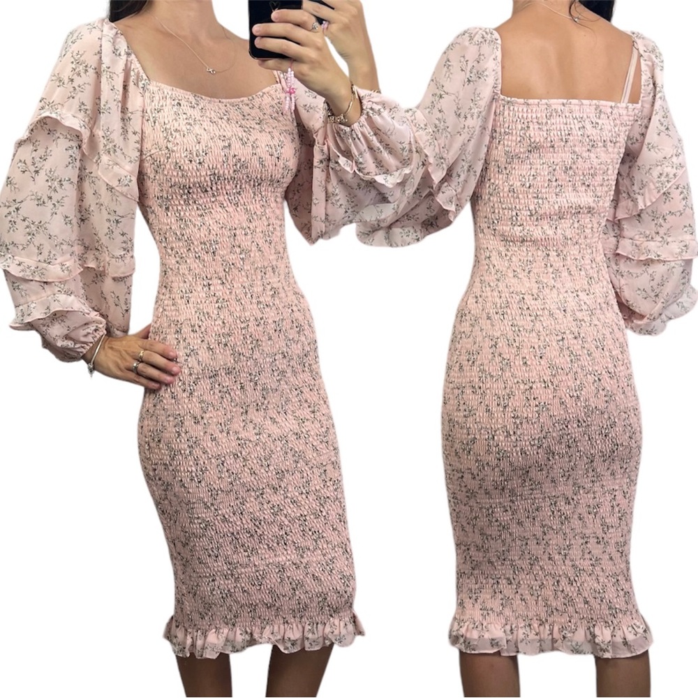 Two Sisters Label Midi Dress Shirred Stretch Bodycon Pink Floral Cocktail Size 8 - Picture 5 of 13